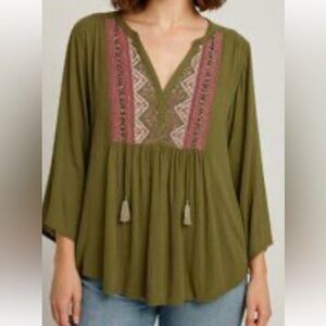 FRYE AND CO. Olive Tunic with Pink Embroidery size L